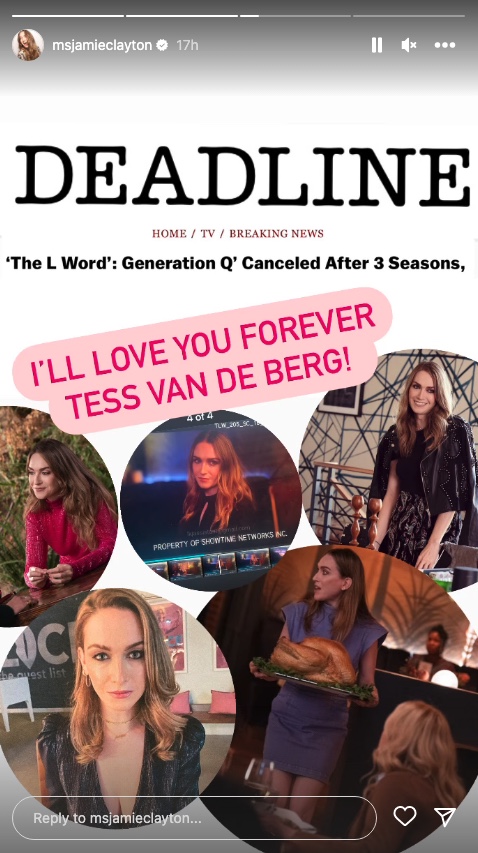 post from Jamie Clayton reading: "I'll love you forever Tess Van De Berg"