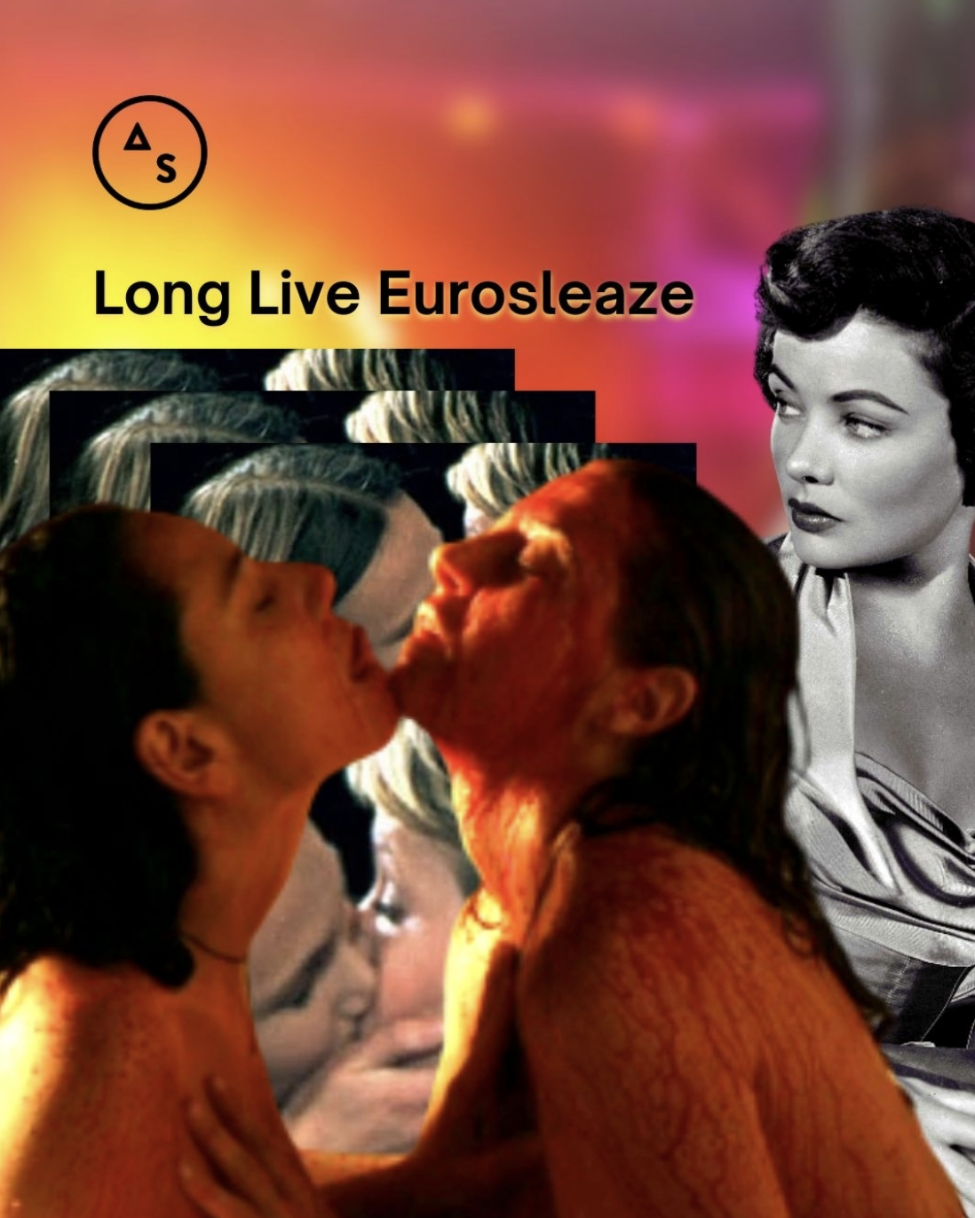 A collage of two women kissing over and orange sunset, and it says "Long Live Eurosleaze"