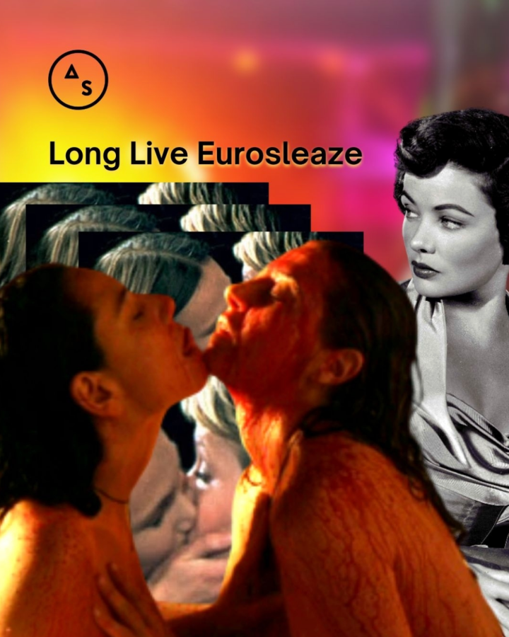 A collage of two women kissing over and orange sunset, and it says "Long Live Eurosleaze"