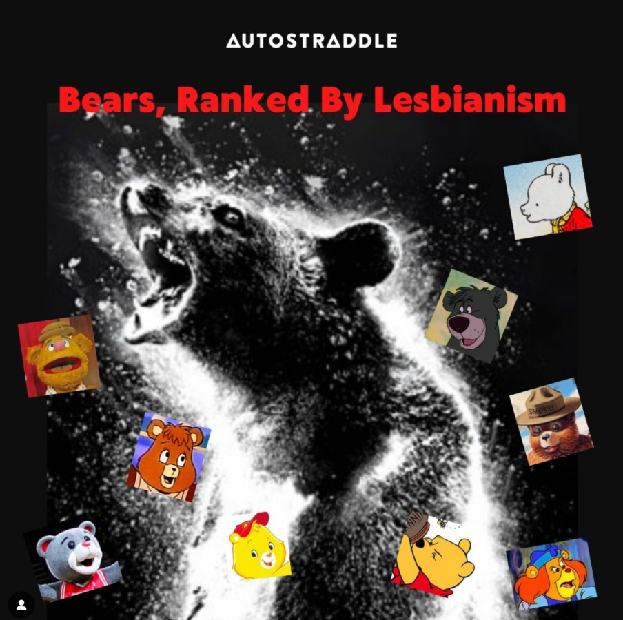 A graphic from the movie Cocaine Bear is adapted to say "Bears, Ranked by Lesbianism" with various cartoon bears photoshopped in small squares around it