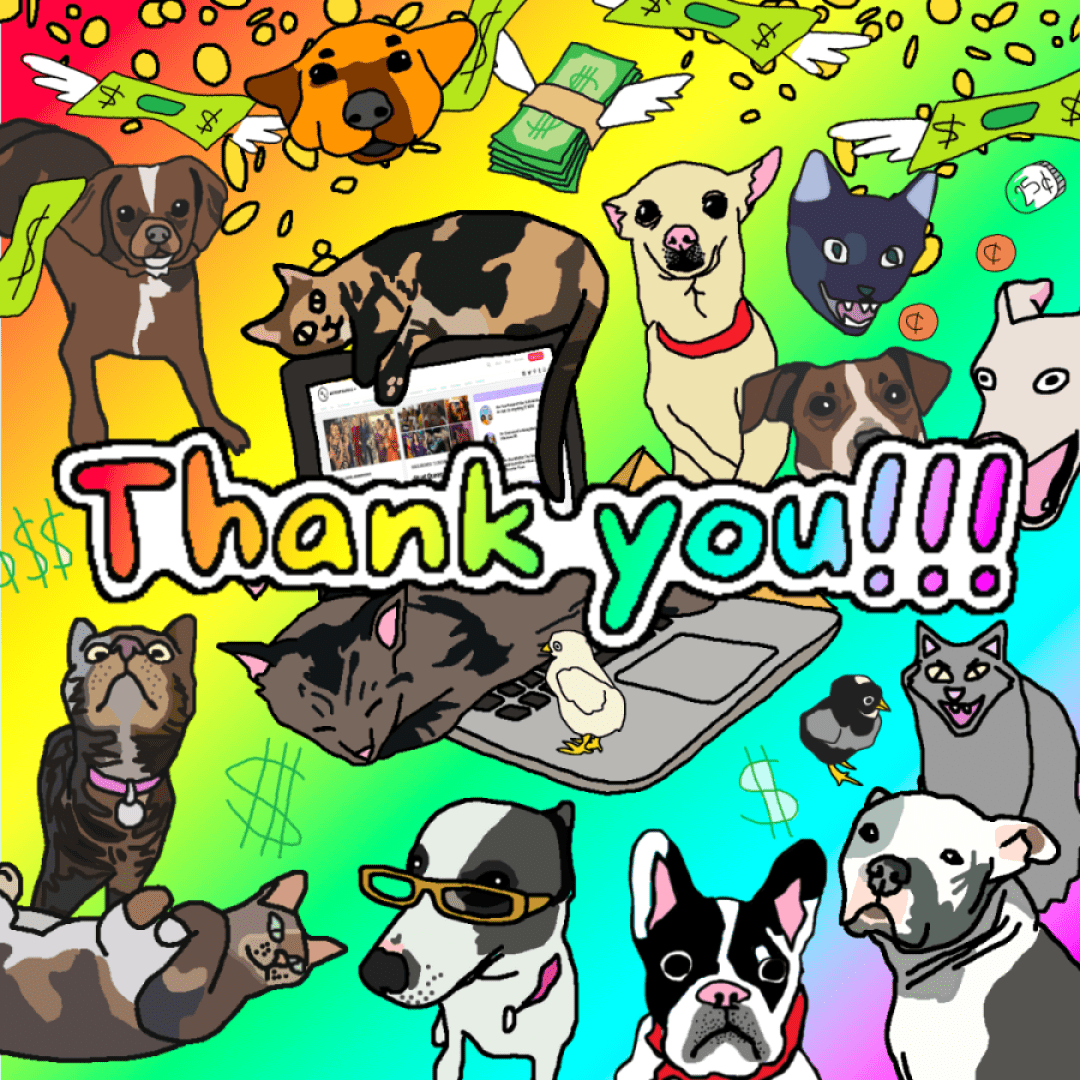 a colorful MS paint style image with all kinds of animals drawn on it from Carol the dog to various cats with Thank you!!! written in rainbow letters in the center.