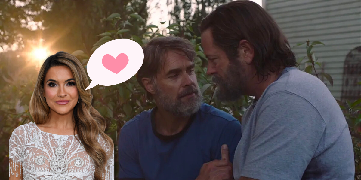 The Last of Us' gay male couple, with Chrishell pasted on top of them and a heart speech bubble