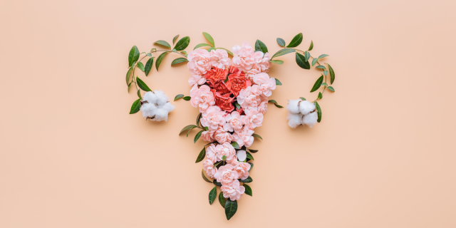 Against a peach background, pink and red flowers form the shape of a uterus. Green vines form the fallopian tubes and white flowers form the ovaries.