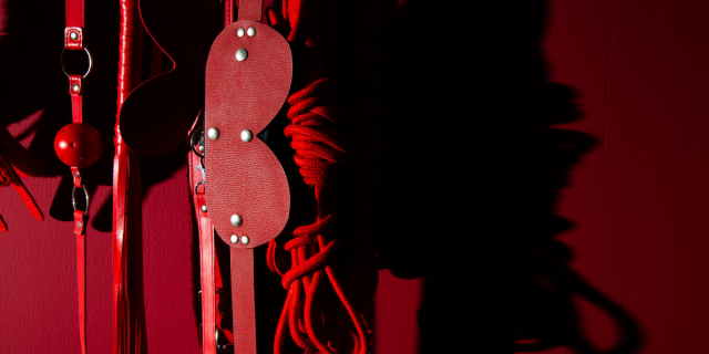 A row of red BDSM devices, including a ball gag, a leather blindfold, and rope, hang on a red wall. They cast a shadow on the right.