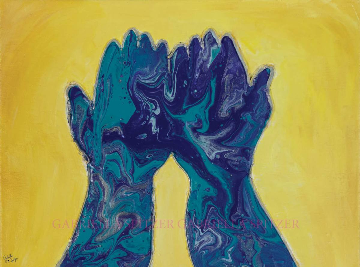 Poured paint acrylics on canvas. Swirling shades of blue, purple, and silver form two hands held out, cupped. The background is yellow and is lighter closer to the hands.