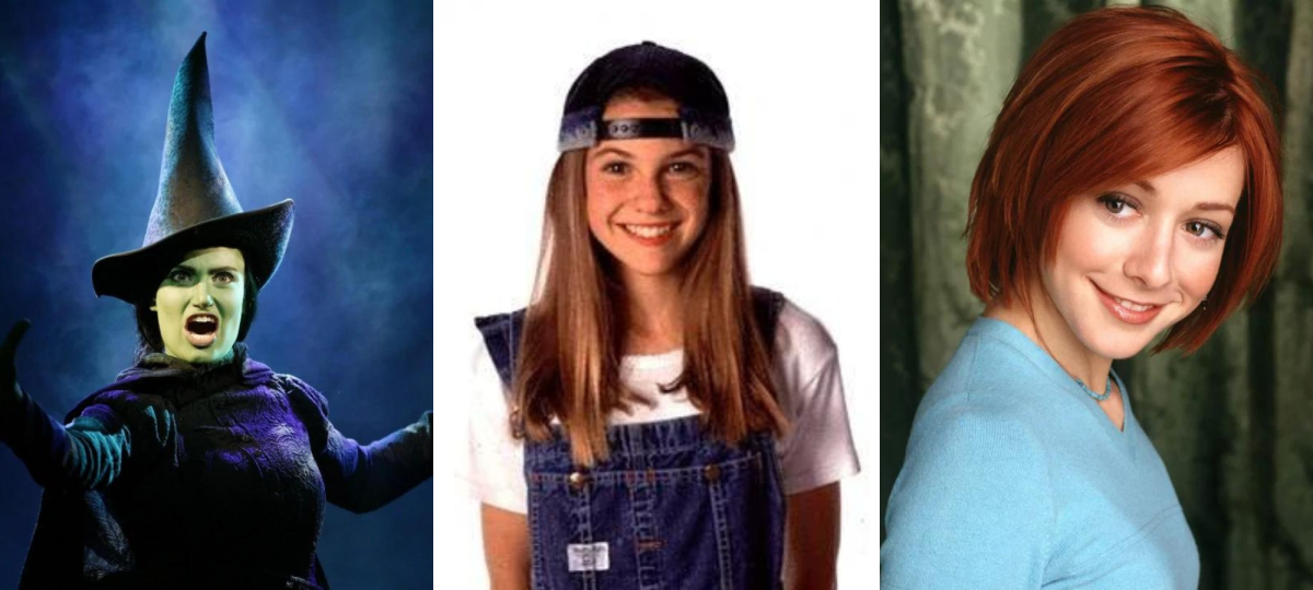 the wicked witch seen here is wearing all black, face painted green, pointy hat atop her, singing. alex mack is wearing a backwards baseball cap and overalls, willow is a white woman with red hair who is here smiling coyly