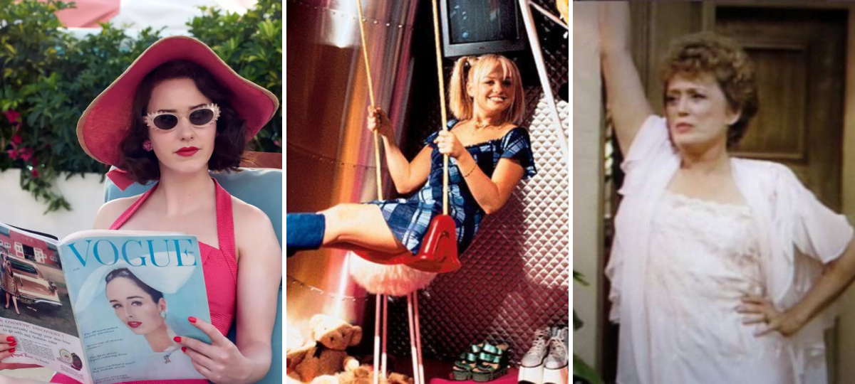 Midge of Mrs. Maisel is a white woman with dark hair reading a vogue and wearing a pink bathing suit and matching hat. Baby spice is a blonde white woman smiling naively, sitting on a swing in a mod style dress. Blanche is an elder white woman wearing vintage loungewear and leaning sassily.