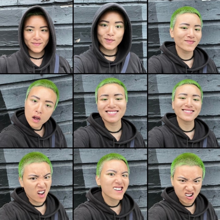 A collage of Viv in different poses with green hair and a sweatshirt.