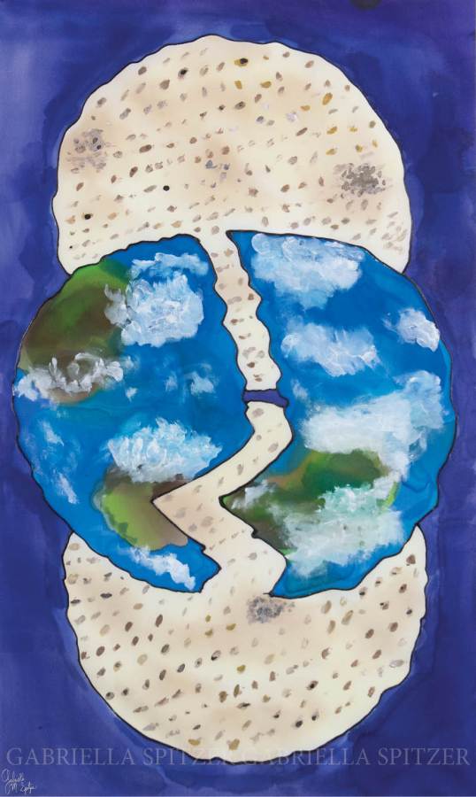 Silk painting on silk shows three matzot vertically. The middle matzah is broken, and it is painted in greens and blues to look like the earth split in two. 