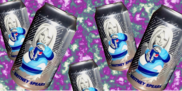five cans of retro Britney Spears Diet Coke against a purple and gray fuzzy background