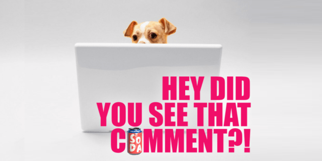 A small brown and white dog sitting in front of a laptop with the words "hey did you see that comment?" The O in Comment is a soda can.