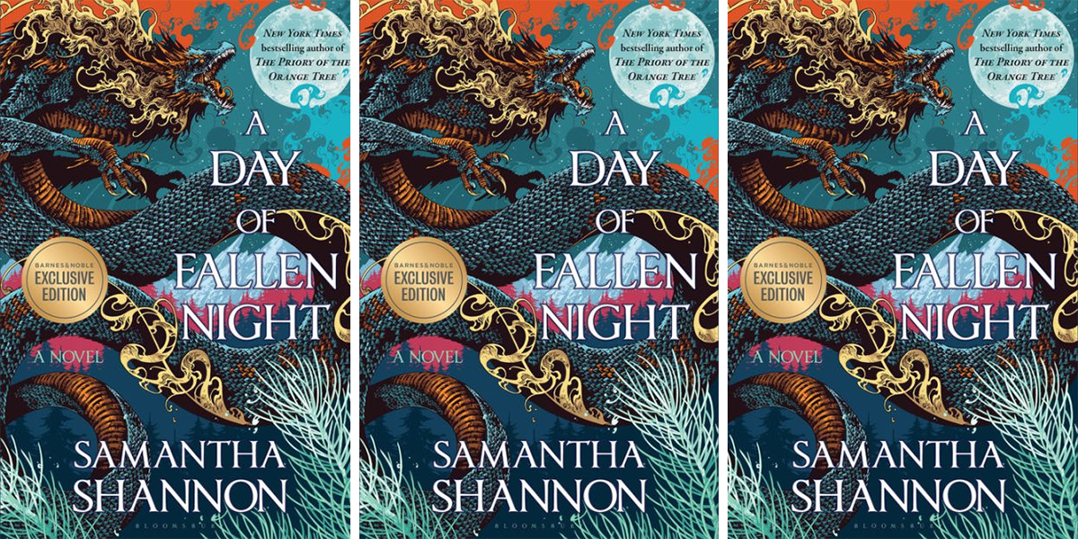 Three copies of the cover of A Day of Fallen Night. A gold and teal dragon on an orange background. The text reads: A Day of Fallen Night / Samantha Shannon