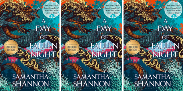 Three copies of the cover of A Day of Fallen Night. A gold and teal dragon on an orange background. The text reads: A Day of Fallen Night / Samantha Shannon