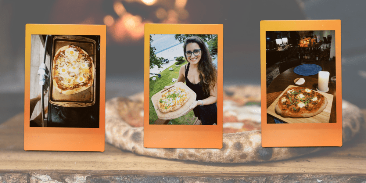 an overhead shot of a homemade pizza with tiny fried eggs on it, Kayla Kumari Upadhyaya holding a chicken tikka masala pizza, and a homemade pizza on a cutting board on a table set up for date night