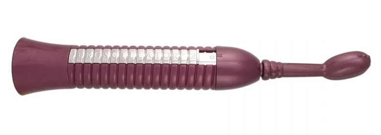 The Eroscillator Top Deluxe Vibrator has a long, ribbed, purple and silver handle that's slightly flared on the bottom, a slim "neck," and a round, purple "head."