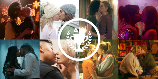The eight couples featured in this round of voting, all kissing: Miranda and Che, And Just Like That; Jackie and Leslie, Hightown; Candace and Lilly, Astrid & Lilly Save the World; April and Sterling, Teenage Bounty Hunters; Quinn and Isabela, Harlem; Fabiola and Eve, Never Have I Ever; Jamie and Dani, The Haunting of Bly Manor; Sabi and Olympia, Sort Of