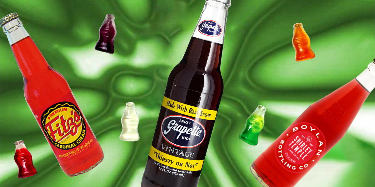 Fitz's Cardinal Cream and Grapette soda and Boylan Shirley Temple, surrounded by gummy sodas.