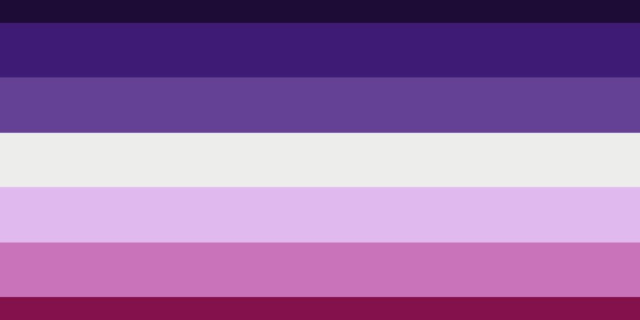 A flag with 7 stripes: Dark purple, purple, medium lavender, off-white, light pinkish-purple, muted pastel pink, dark pink
