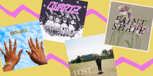photo 1: album artwork for the musical artist Oompa, featuring Black hands wearing a gold watch against a blue sky and colorful nails and gold rings that spell out UNBOTHERED. photo 2: album sartwork that reads QUARTZ in pink letters and features four cartoon people in black and white. photo 3: album artwork featuring the word LOST in all caps with a person standing in a field. photo 4: album artwork for FAINT SHAPE, featuring pink flowers against a beige background.