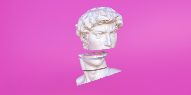 the head of David, severed in the middle so it looks like a glitch. the background is pink.