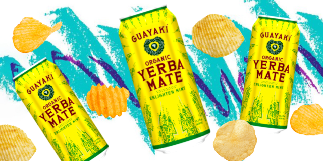 organic yerba mate in Enlighten Mint flavor with chips around them and a jazz cup design in the background