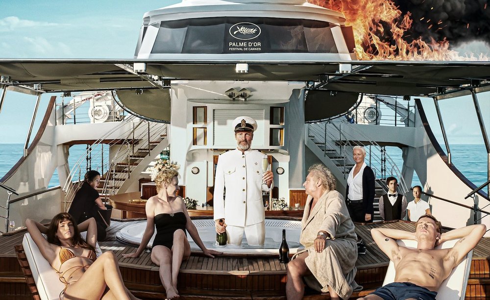 triangle of sadness cast: a bunch of rich people on a fancy yacht in the ocean