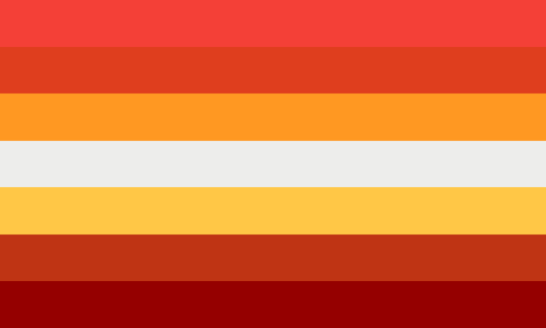 Flag with 7 stripes: Pinkish-red, redorange, orange, off-white, yellow-orange, light-ish brick red, brick red