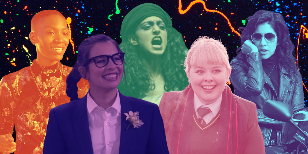 Hattie from Twenties, Elena from One Day at a Time, Arthie from GLOW, Clare from Derry Girls, and Rosa from Brooklyn Nine-Nine, brightly colored and standing against a skating rink-style splatter paint background