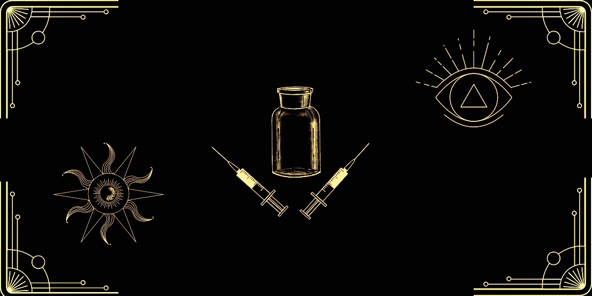 a black background with a gold vial and gold syringes next to a gold sun and a gold eye with a triangle inside it