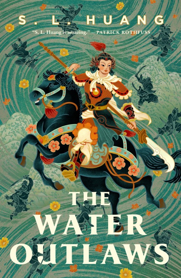 the cover of the water outlaws features an illustrated warrior figure on a decorated horse amidst rushing waves