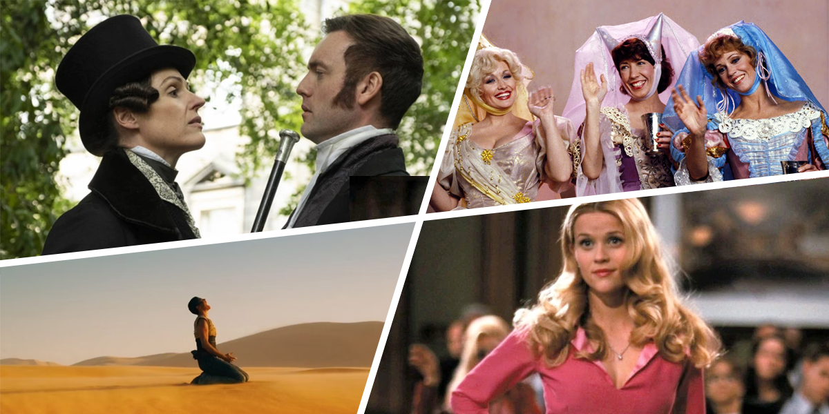 Four images from movies mentioned in this post: Gentleman Jack, 9 to 5, Mad Max: Fury Road, and Legally Blonde
