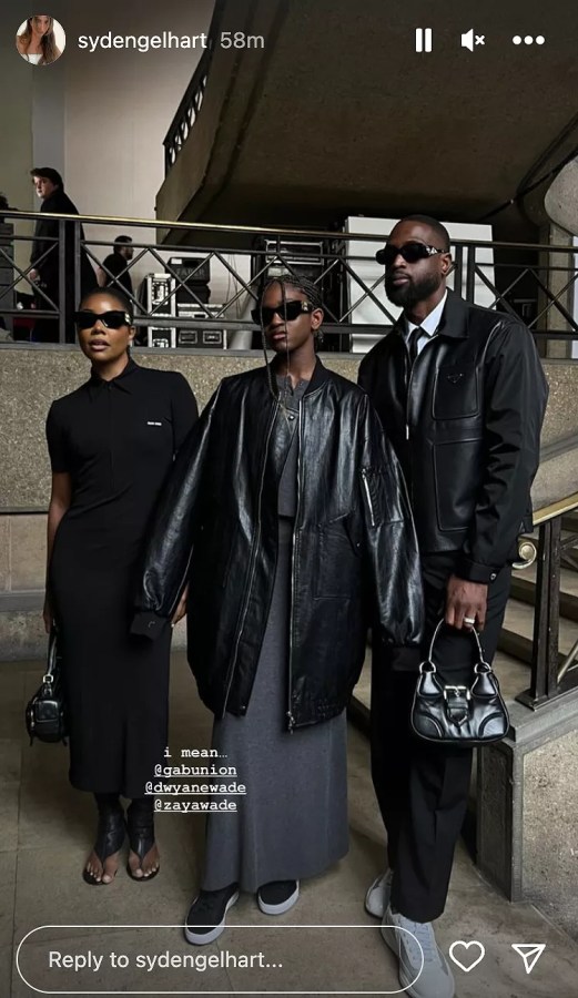 Gabrielle Union and Dwayne Wade with their daughter, Zaya, all in black leather and sunglasses at Paris Fashion Week. 