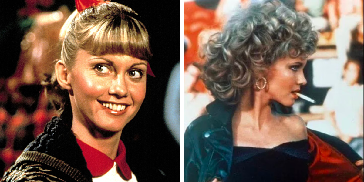Sandy splitscreen: with bangs and a preppy outfit and then with a perm, black leather and a cigarette