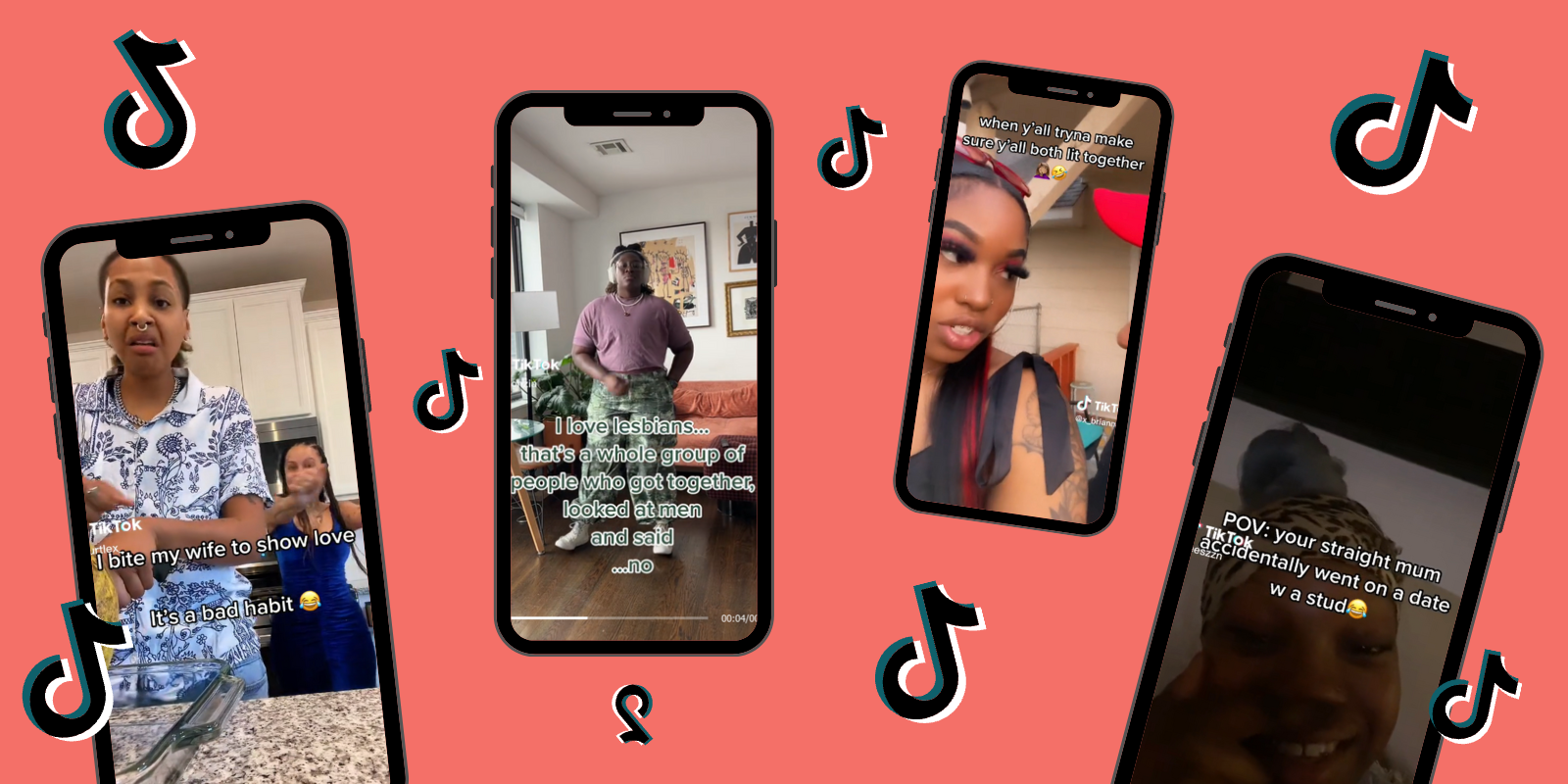 Four phones with screenshots of various TikTokson a coral background, the TikTok logo floats in between them all