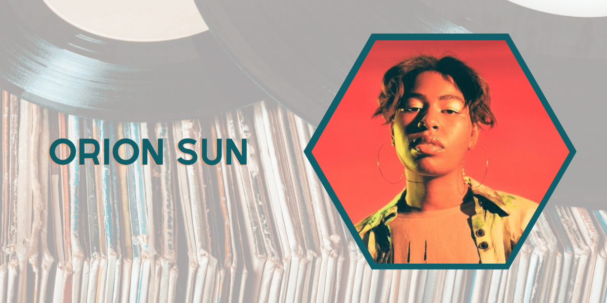 A photo of Black R&B artist Orion Sun inside a hexagon shape with Vinyl records in the background.