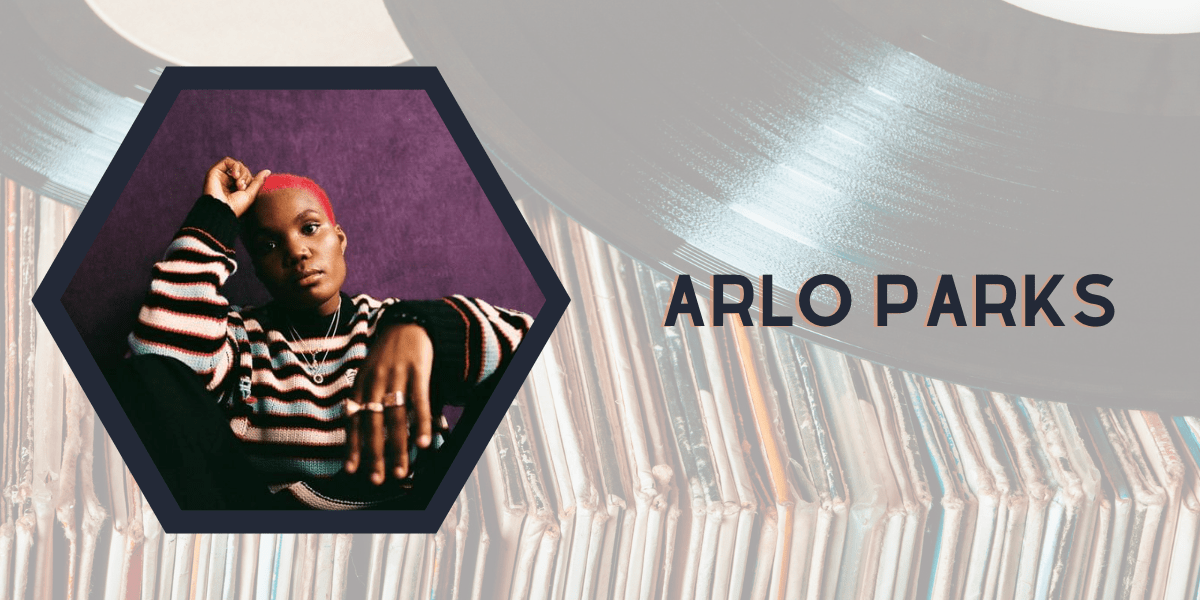 A photo of Black R&B artist Arlo Parks inside a hexagon shape with Vinyl records in the background.