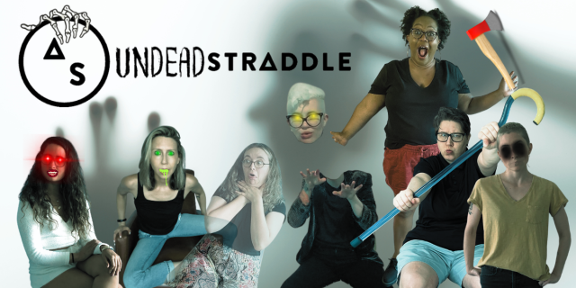 the autostraddle senior team is collaged together in a creepy homage to our april fool's theme: undeadstraddle. Kayla has vampire teeth and red eyes, Riese has green goop coming from her mouth and green glowing eyes, anya is faded and becoming a ghost, nico's head has flown off their body and has glowing yellow eyes, carmen is creaming and holding an axe, and heather is fending off unseen but presumed monsters with her cane. Laneia is off to the side with her eyes consumed by darkness and her mouth blocked out. there is also the undeadstraddle version of the undeadstraddle logo.