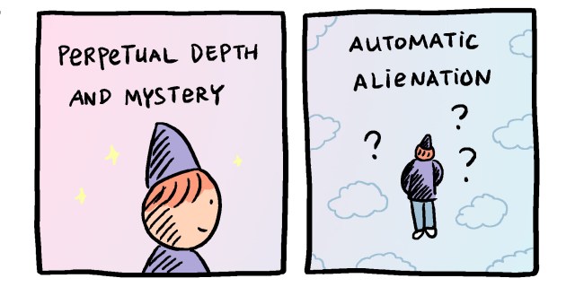 Two panel comic in shades of pink and blue show Baopu, an Asian person with red hair, wondering about "perpetual depth and mystery... automatic alienation??"