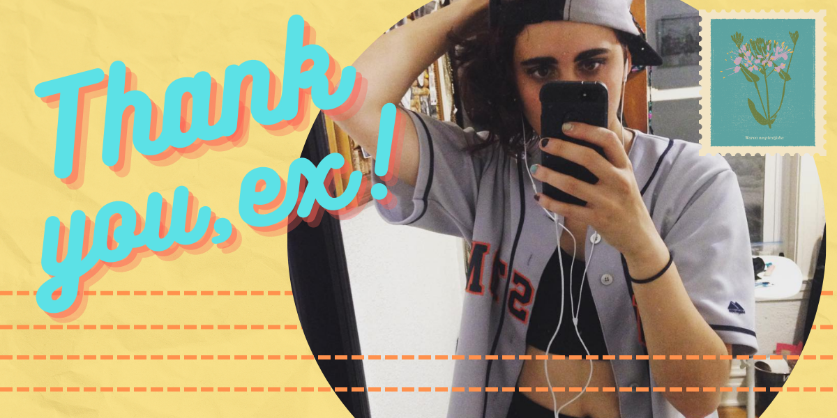 THANK YOU, EX. Kayla Kumari Upadhyaya in a baseball jersey that is unbuttoned and a black sports bra and a backwards cap, taking a mirror selfie. It's made to look like a retro postcard with a stamp.