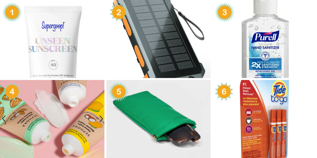 1. Sunscreen. 2. A portable charger that is solar powered. 3. Hand sanitizer. 4. Hand cream. 5. A sunglasses case in green. 6. A set of three tide pens.