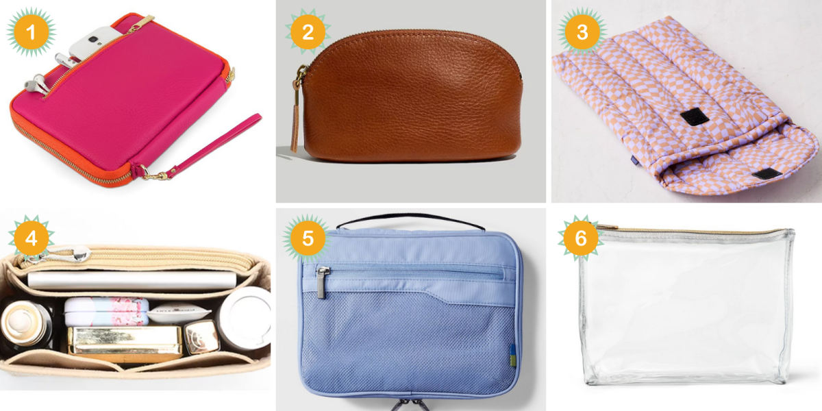 1. A pink small pouch holding a phone and headphones. 2. A leather small pouch. 3. A pink puffy laptop case. 4. A purse organizer. 5. A blue travel bag. 6. A clear makeup bag.