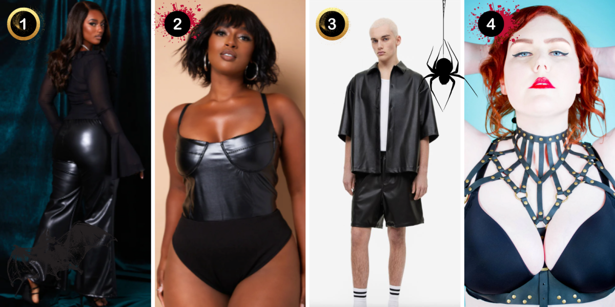 from left to right, all in black 1 a plus sized model wears wide legged black leather plants, 2 a plus sized model shows off a pleather body suit which has cups for the chest and a fabric portion for the underwear zone 3 a straight sized model wears a drapey, boxy pleather button up 4 a plus sized model displays an instricate leather chest harness