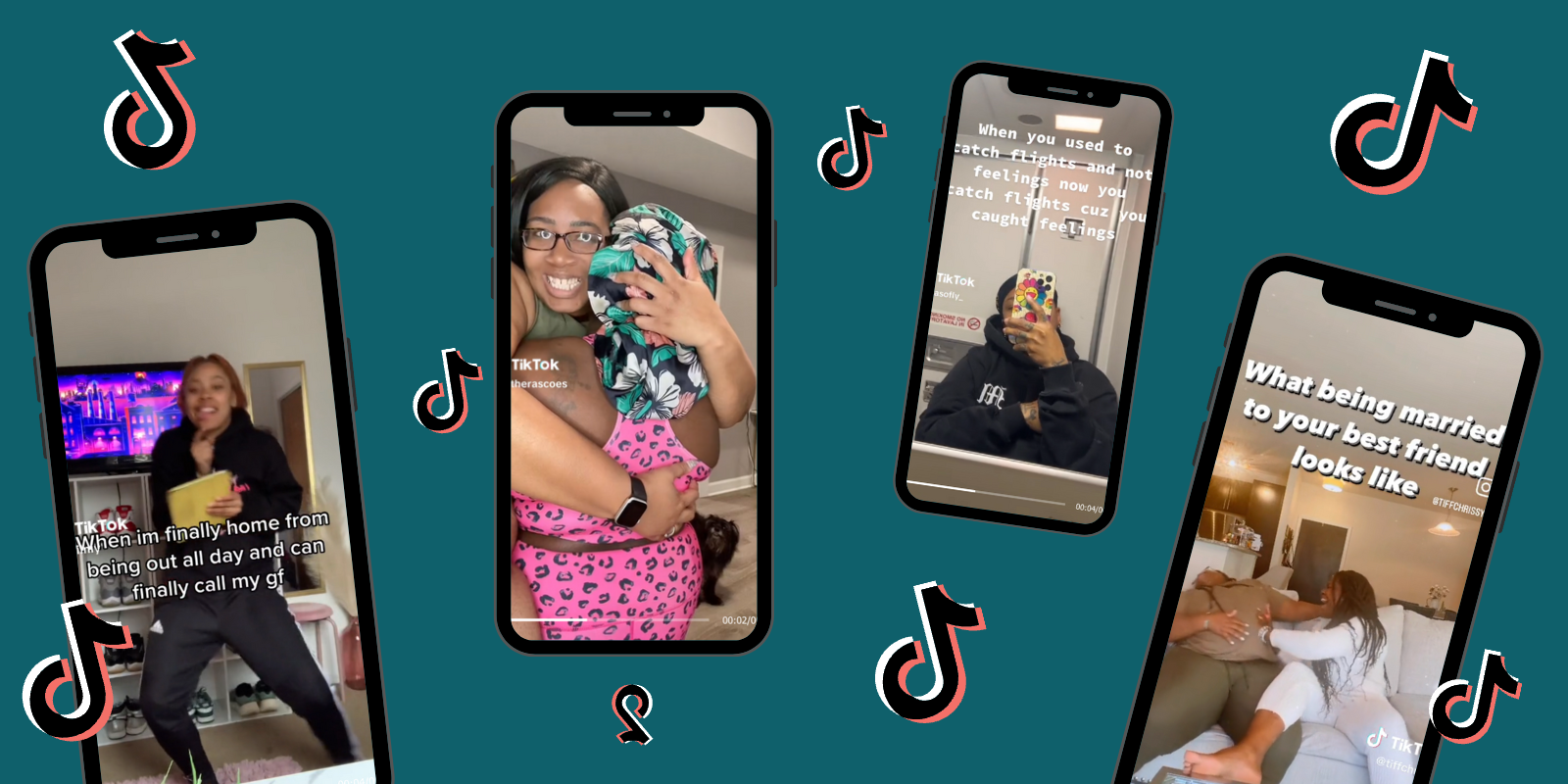 Four phones with screenshots of various TikTokson a dark teal background, the TikTok logo floats in between them all