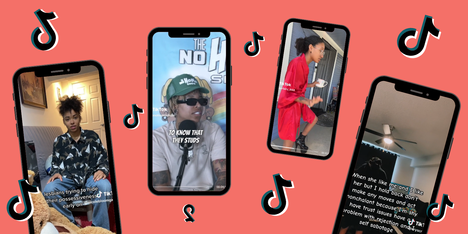 Four phones with screenshots of various TikToks on a coral background, the TikTok logo floats in between them all