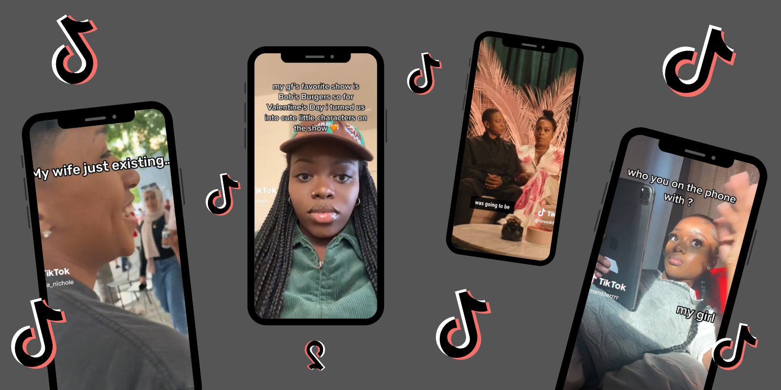 Four phones with screenshots of various TikTokson a grey background, the TikTok logo floats in between them all