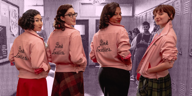 Four Pink Ladies from "Grease: Rise of the Pink Ladies", looking over the shoulder of the jacket, are cut out in front of a pixelated pink high school hallway.