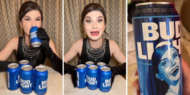 Three photos of Dylan Mulvaney drinking a Bud Light while dressed like Audrey Hepburn in Breakfast at Tiffany's