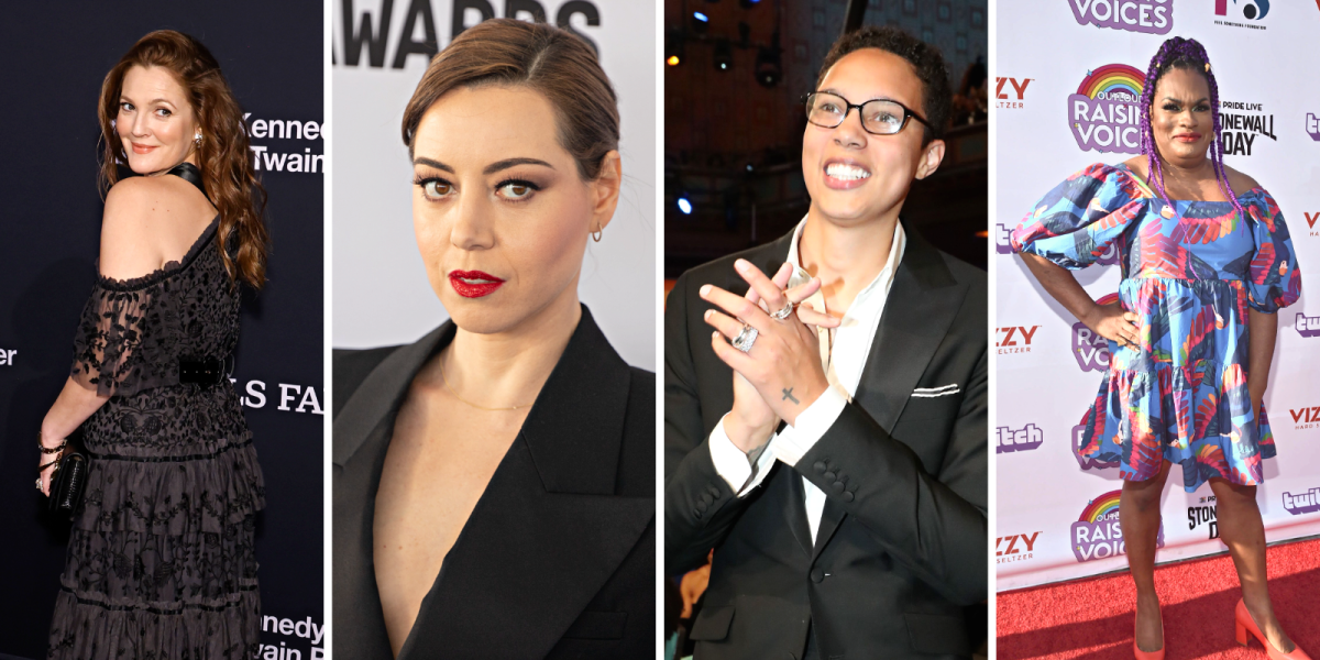 Left to Right, various red carpet photos new: Drew Barry, Aubrey Plaza, Brittney Griner, and Imara Jones. All four are new lesbian, bisexual, or trans Time 100 2023 inductees.