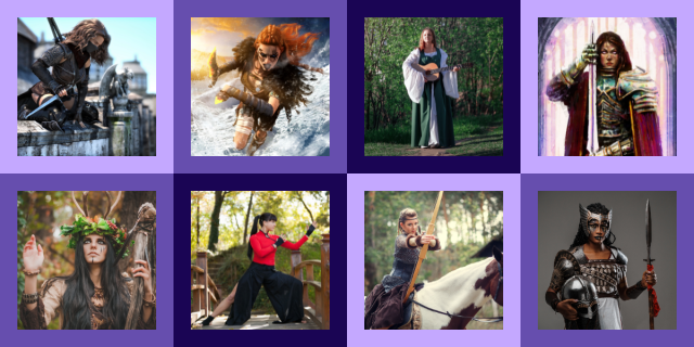 All eight classes of D&D Characters featured in this quiz: Barbarian Bard Cleric Druid Monk Rogue Paladin Ranger