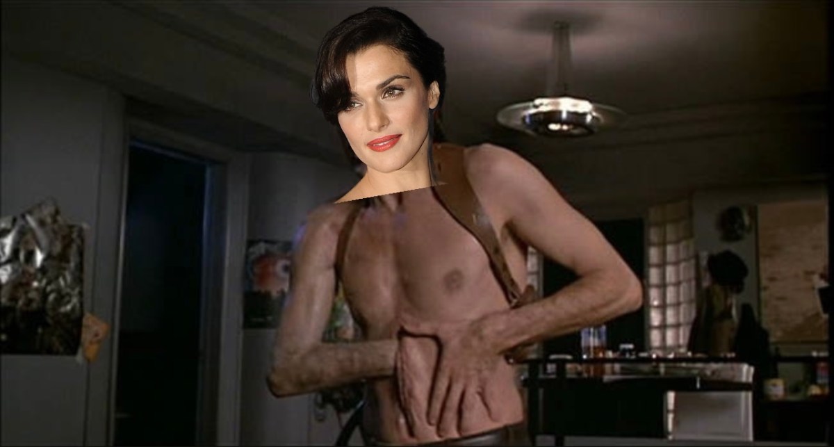 A still from Videodrome of James Woods reaching into the crevice in his abdomen with Rachel Weisz's head poorly photoshopped on his body.